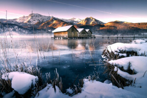 casas de barco, floresta, lago, montanhas, natureza, reflexão, inverno