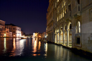 bygning, Grand Canal, Italia, natt, bilde, byen, Venezia