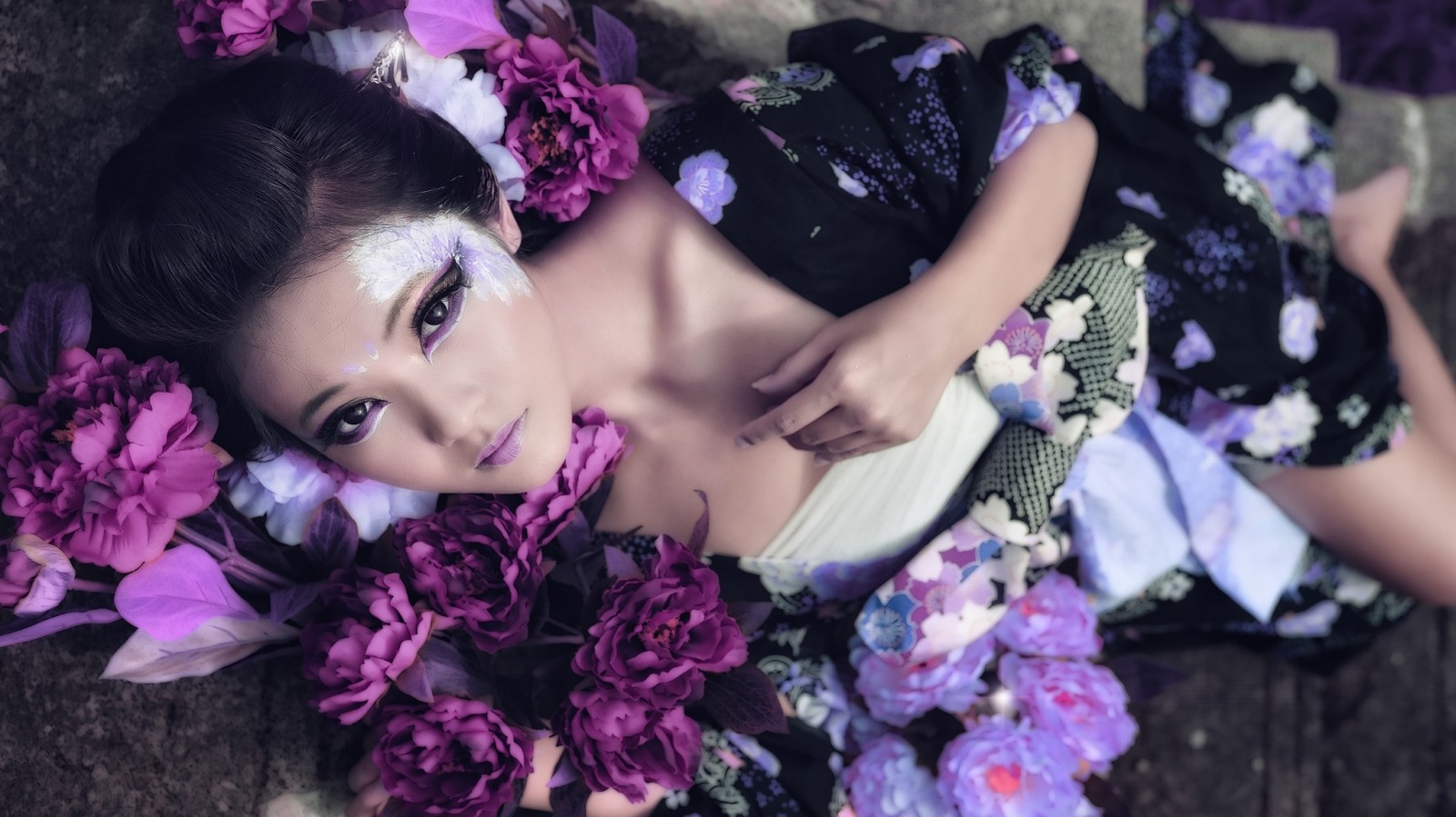 look, girl, flowers, makeup, eyes, hair, arrows, asian