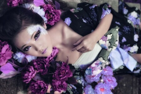 flèches, asiatique, yeux, fleurs, fille, cheveux, Regardez, maquillage