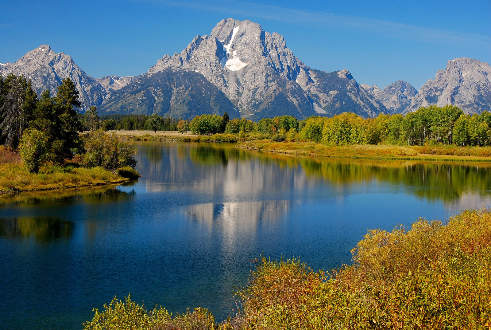 snow, autumn, forest, the sky, river, trees, mountains