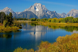 autunno, foresta, montagne, fiume, neve, il cielo, alberi