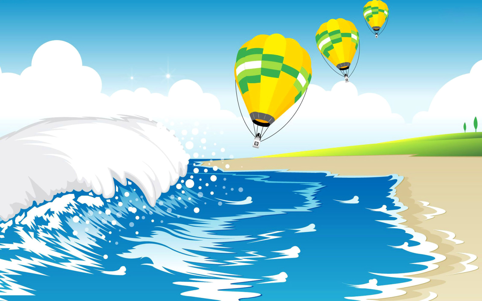 the sky, shore, sea, clouds, Balloon, wave, Vector