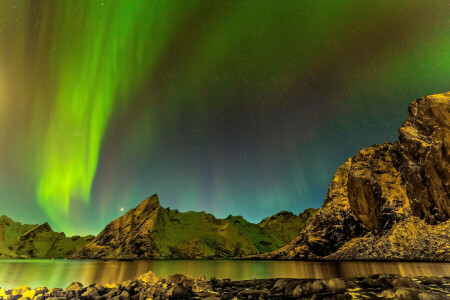 Island, Landschaft, Berge, Nacht, Nordlichter, Meer, Sterne, Steine