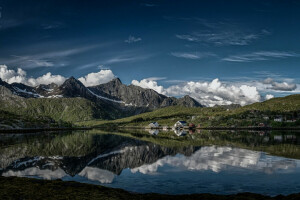 Calle, nuvole, isola di Austvagoy, Kalle, Lofoten, montagne, Norvegia, riflessione