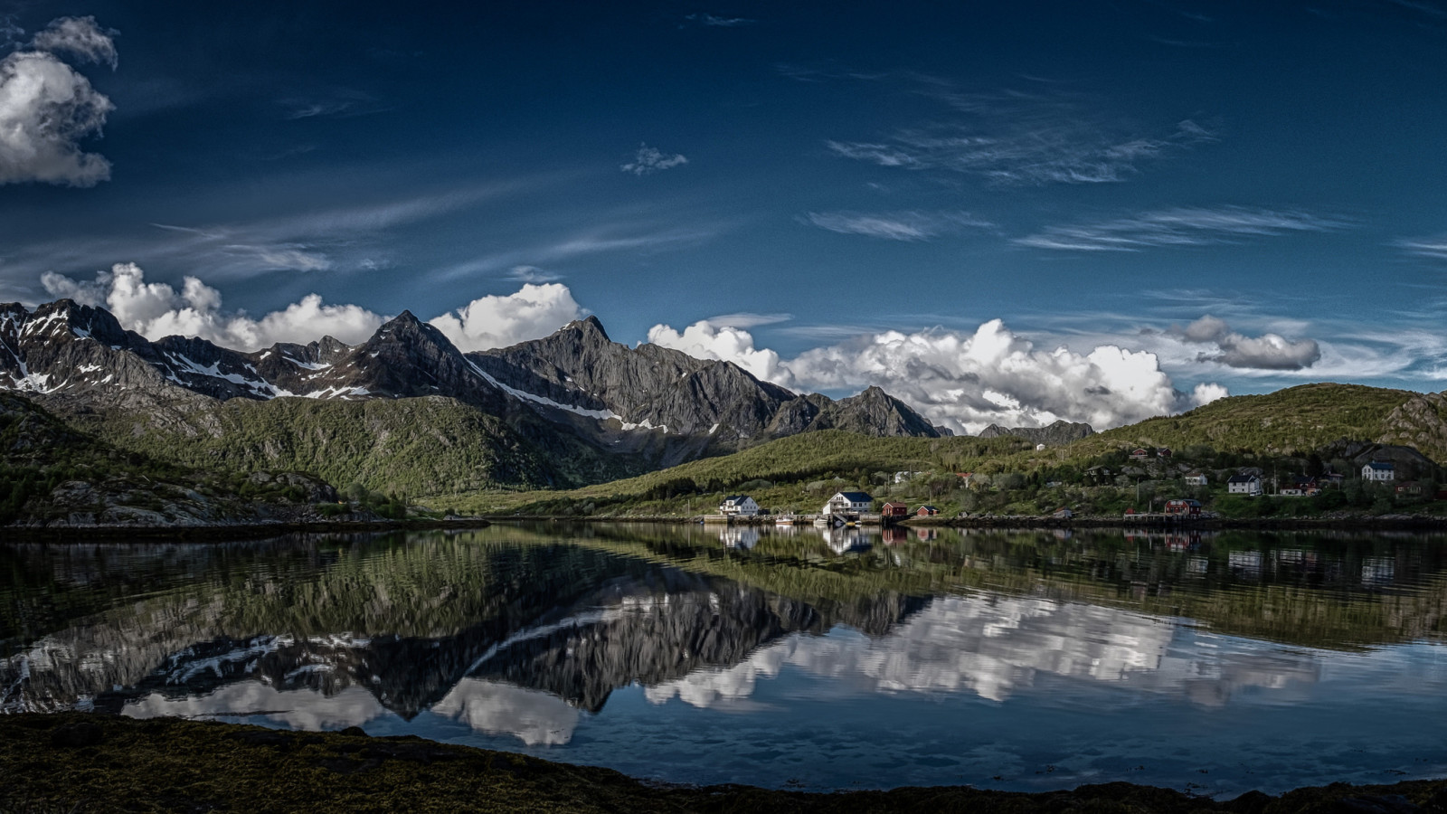 reflectie, wolken, bergen, Noorwegen, dorp, Lofoten, De Lofoten-eilanden, de fjord