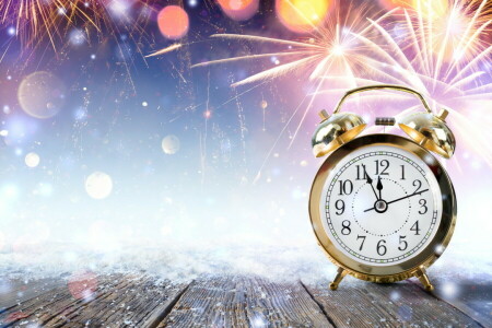 alarm clock, fireworks, flash, glare, holiday, Midnight, New Year, salute