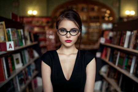 face, glasses, hair, library, lips, look