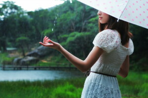 girl, rain, umbrella