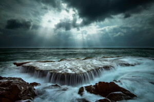 clouds, excerpt, light, nature, Rays, rocks, sea, stones