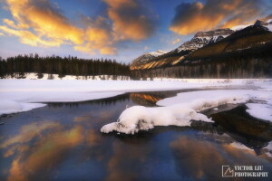 forest, lake, mountains, nature, snow, sunset, winter