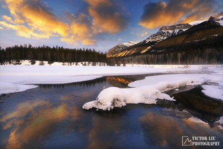 Wald, See, Berge, Natur, Schnee, Sonnenuntergang, Winter