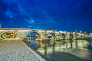 Puente, luces, macedonia, noche, río, Skopje, el cielo