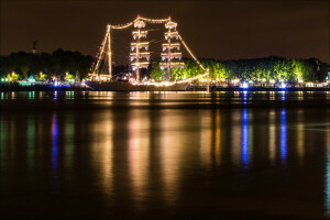 lumières., nuit, Yacht à voile, le soir, yacht, yachts