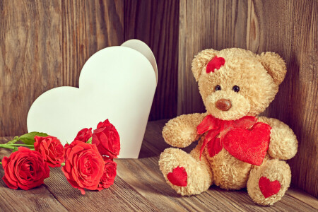 bear, flowers, heart, love, romantic, roses, teddy, valentine's day