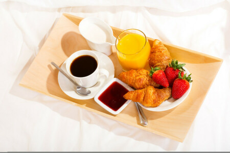 desayuno, café, crema, croissants, taza, creciente, mermelada, Jugo