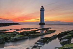 landschap, Vuurtoren, zee, zonsondergang