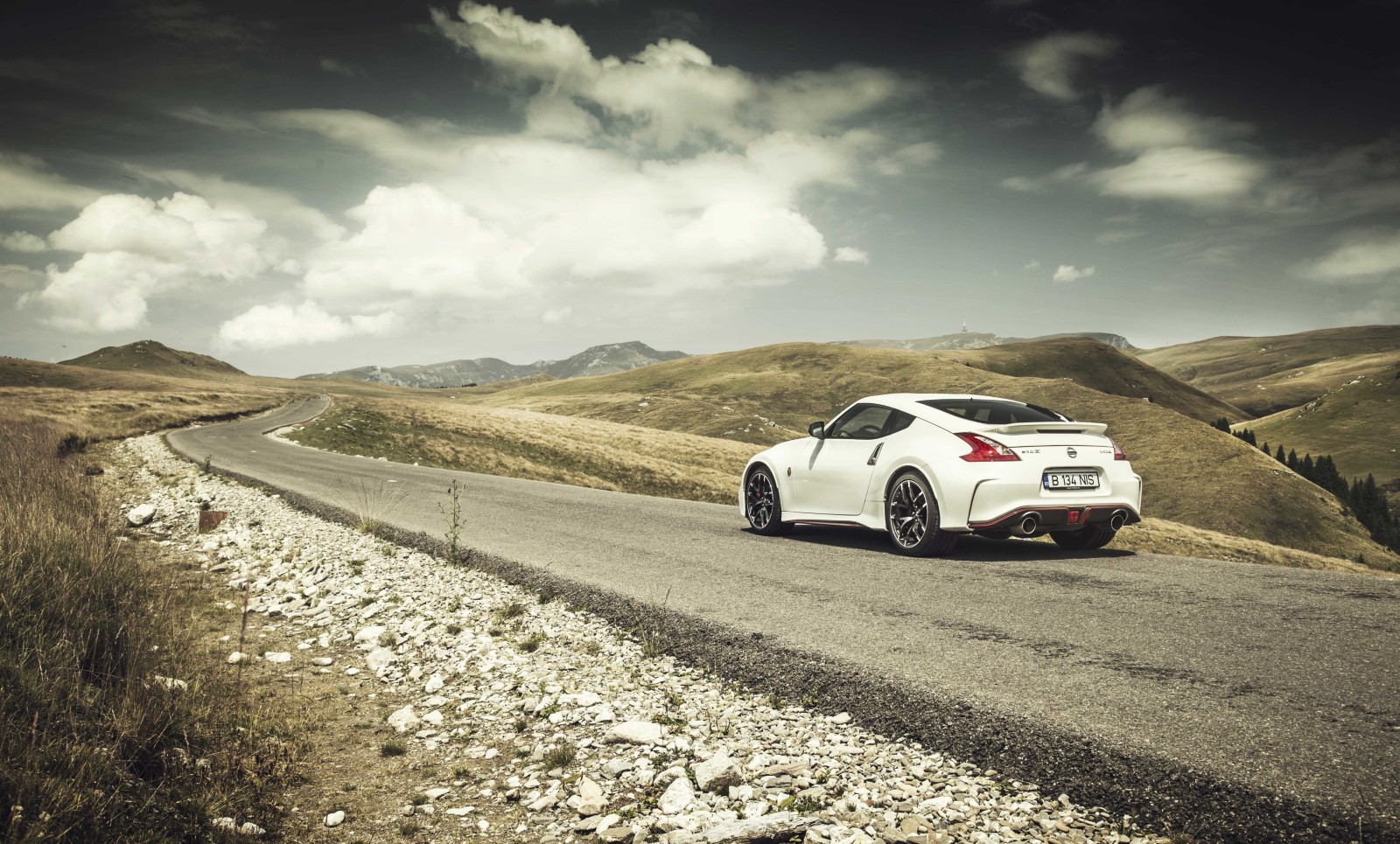 la carretera, nubes, montañas, Nissan, Posterior, 370Z, solar