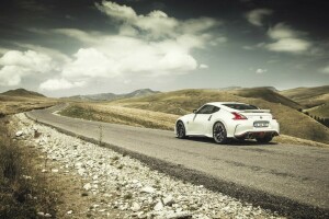 370Z, wolken, bergen, Nissan, achterkant, weg, zonne-