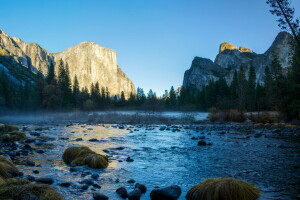 CA, rio, pedras, pedras, árvores, EUA, Parque Nacional de Yosemite