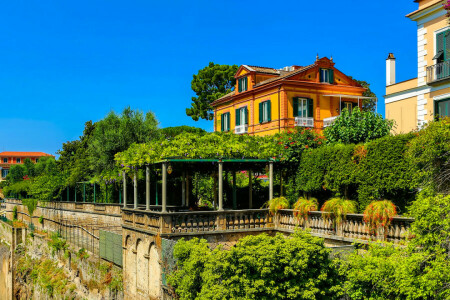 huis, Italië, rots, Sorrento, de bosjes, de lucht, bomen, Villa