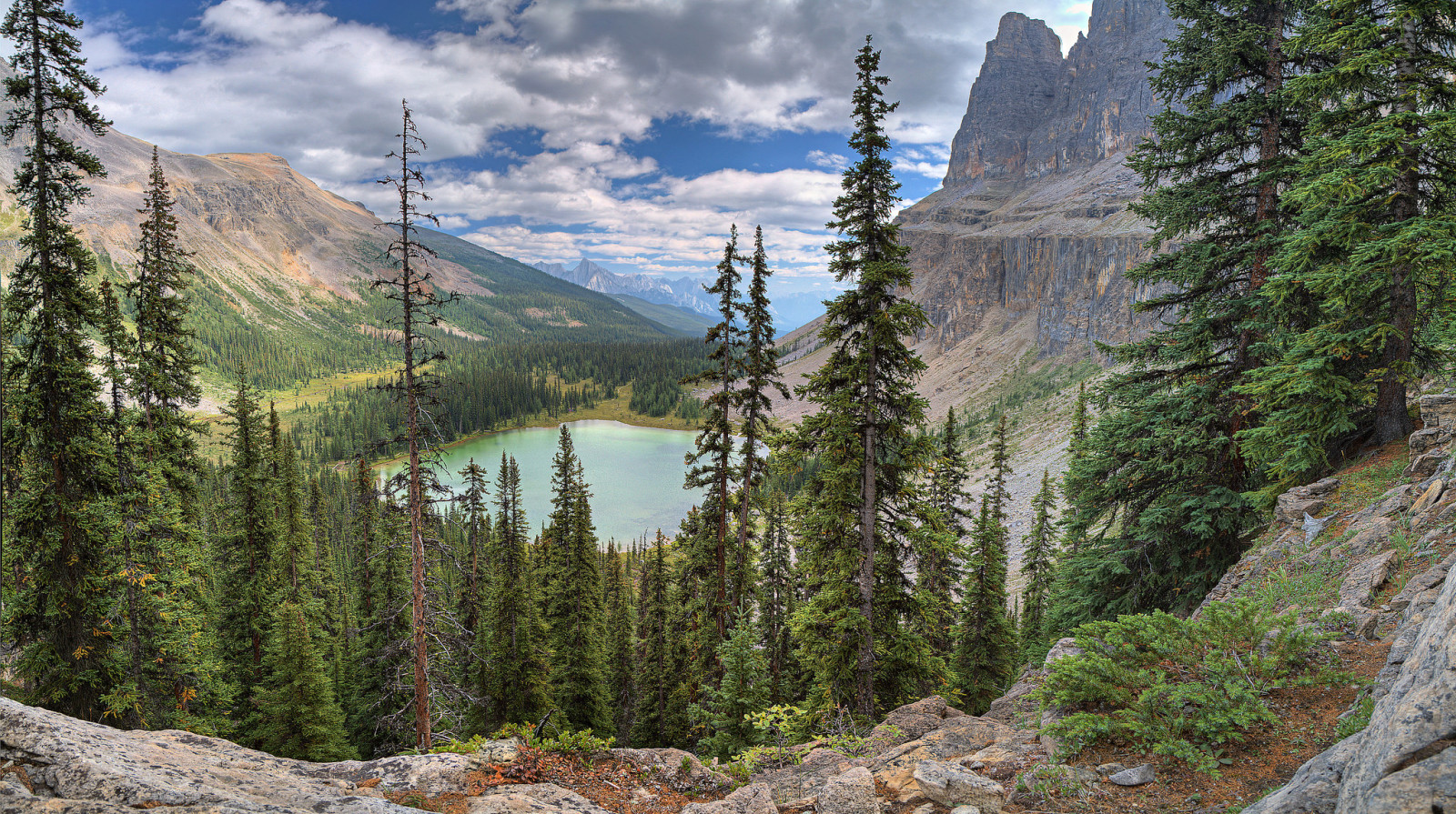 the sky, lake, trees, clouds, mountains