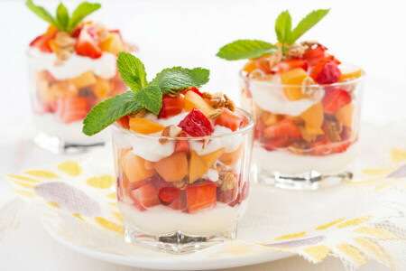 berries, dessert, fruit, fruit salad, mint