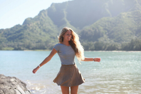 visage, figure, fille, cheveux, Joie, jupe