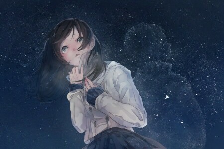 anime, Arte, niña, mizutamari tori, noche, estrellas, el cielo