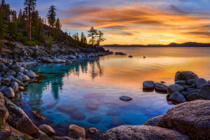 Kalifornia, jezioro, Lake Tahoe, Nevada, Sierra, kamienie, zachód słońca