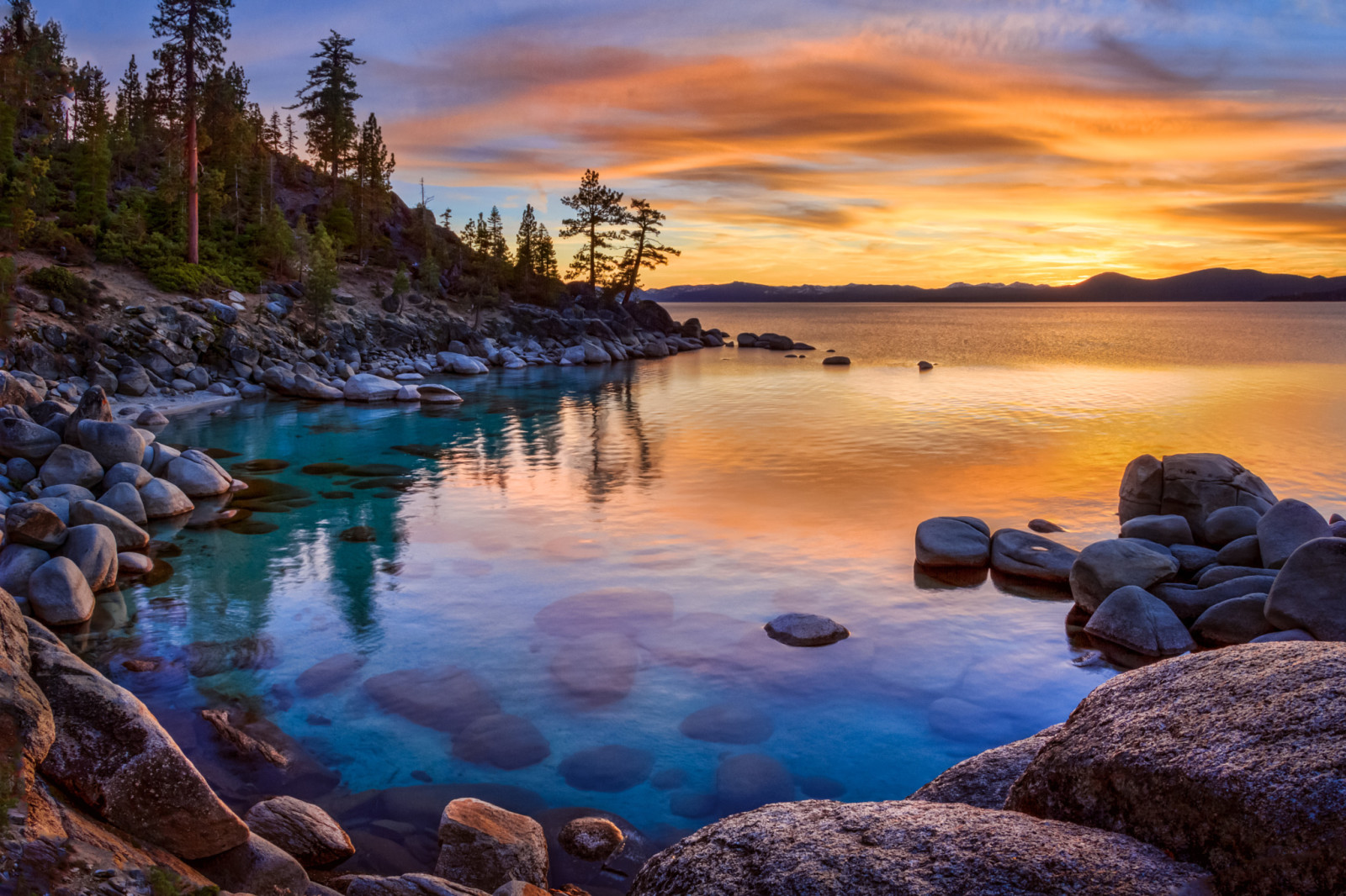 jezioro, zachód słońca, kamienie, Kalifornia, Nevada, Sierra, Lake Tahoe