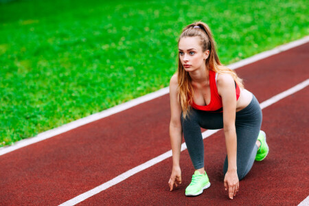 спортсмен, блондинка, поза, разрабатывать