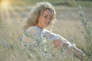 blond, fleurs, fille, Prairie, sourire, été, Les rayons du soleil