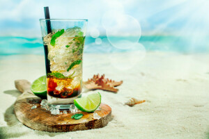 beach, cocktail, ice, lime, mint, mojito, sea, shell