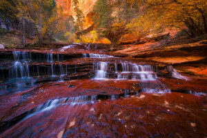 otoño, Arcángel en cascada, follaje, río, rocas, estado, corriente, arboles