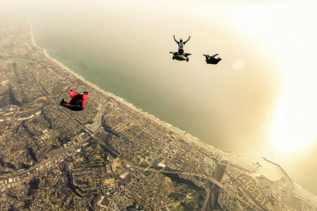 beach, Parachute, parachuting, Pilots, sea, skydivers, the city, the sun