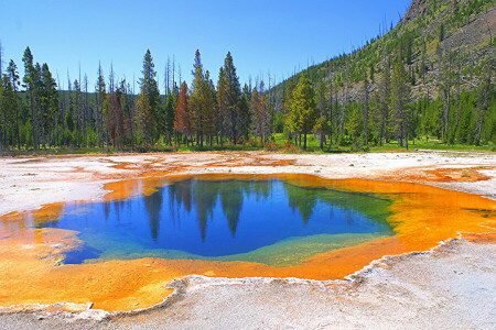 jesień, gejzer, jezioro, góry, niebo, drzewa, USA, Narodowy Park Yellowstone