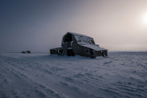 felt, hus, landskap, natur, natt, snø