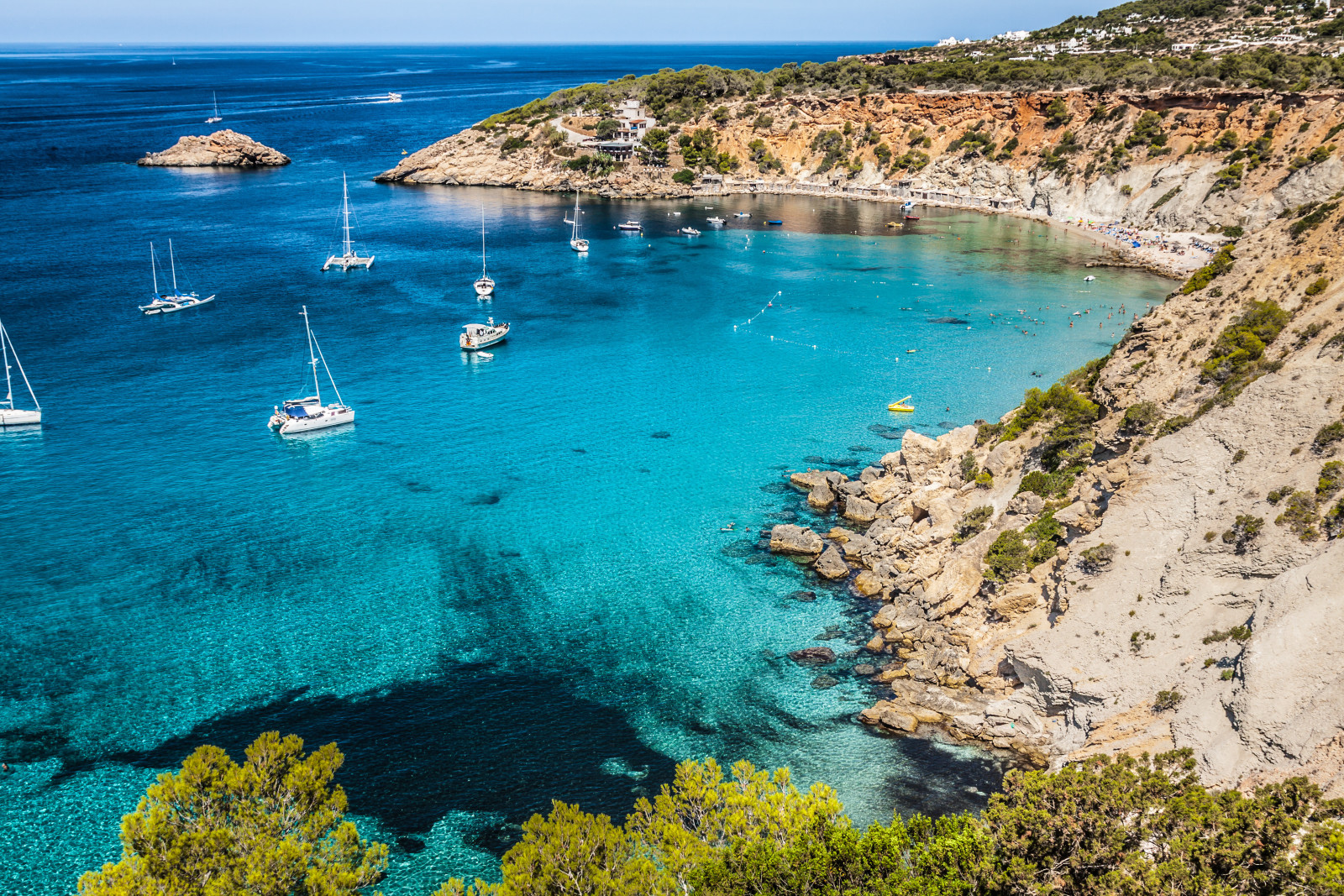 yachts, sea, trees, rocks, shrubs