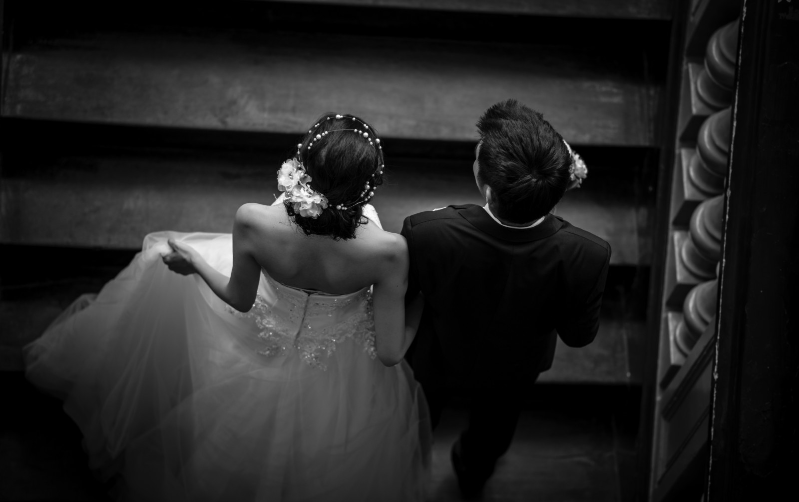 noir et blanc, paire, les amoureux, robe, la mariée, le marié