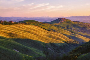 campo, montanhas, natureza, pôr do sol