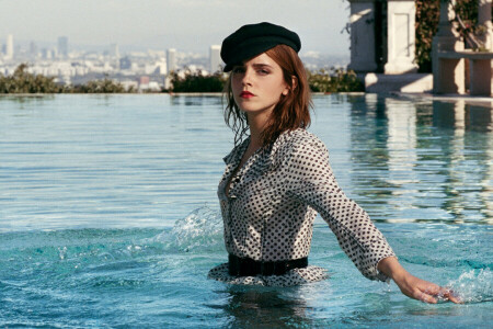 actress, brown hair, cap, Cass Bird, dress, Emma Watson, hairstyle, in the water