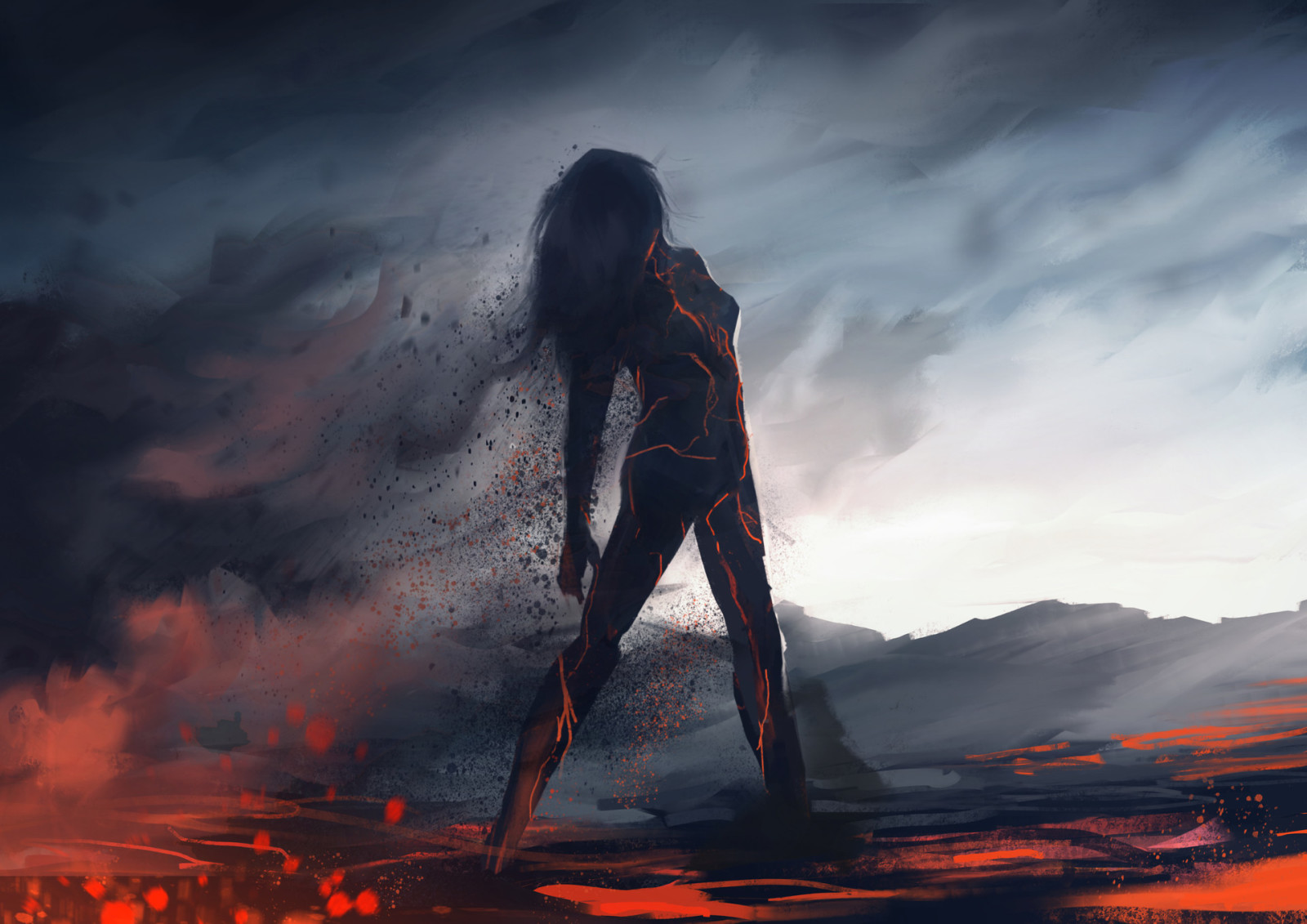 girl, art, Fiction, smoke, Ash, Lava