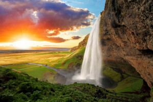 Most, mraky, lúka, Island, rieka, rock, Seljalandsfoss, priestor