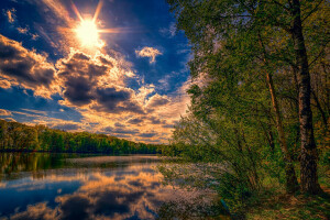 nuvole, raggi, riflessione, fiume, il cielo, il Sole, alberi