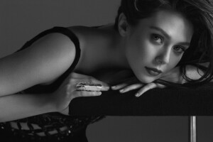 actress, black and white, Elizabeth Olsen, Flaunt, hairstyle, journal, look, makeup