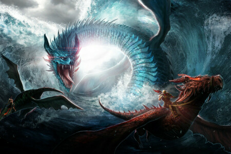 Verfolgungsjagd, Drachen, Meer, Welle