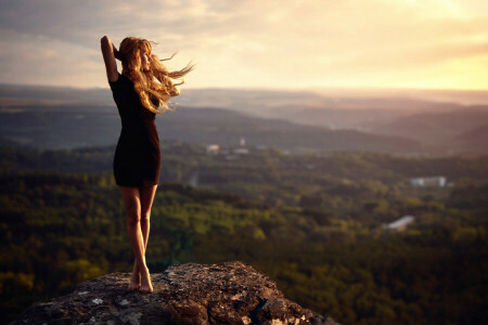 dress, girl, height, legs, stone, the wind, view