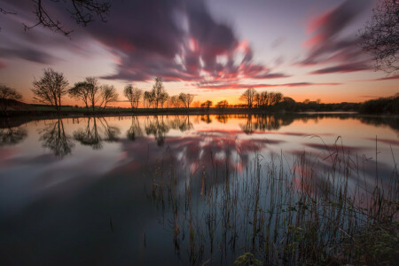 nubes, resplandor, lago, la noche, el cielo, arboles