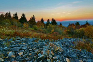 mountains, stones, trees